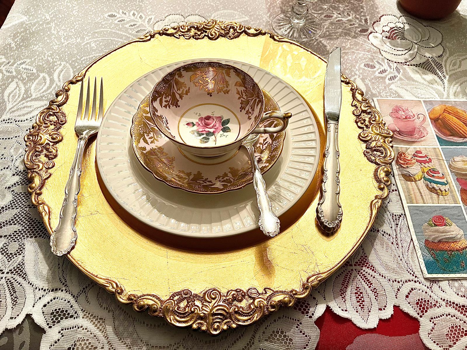 gold charger, tea party, tea ware